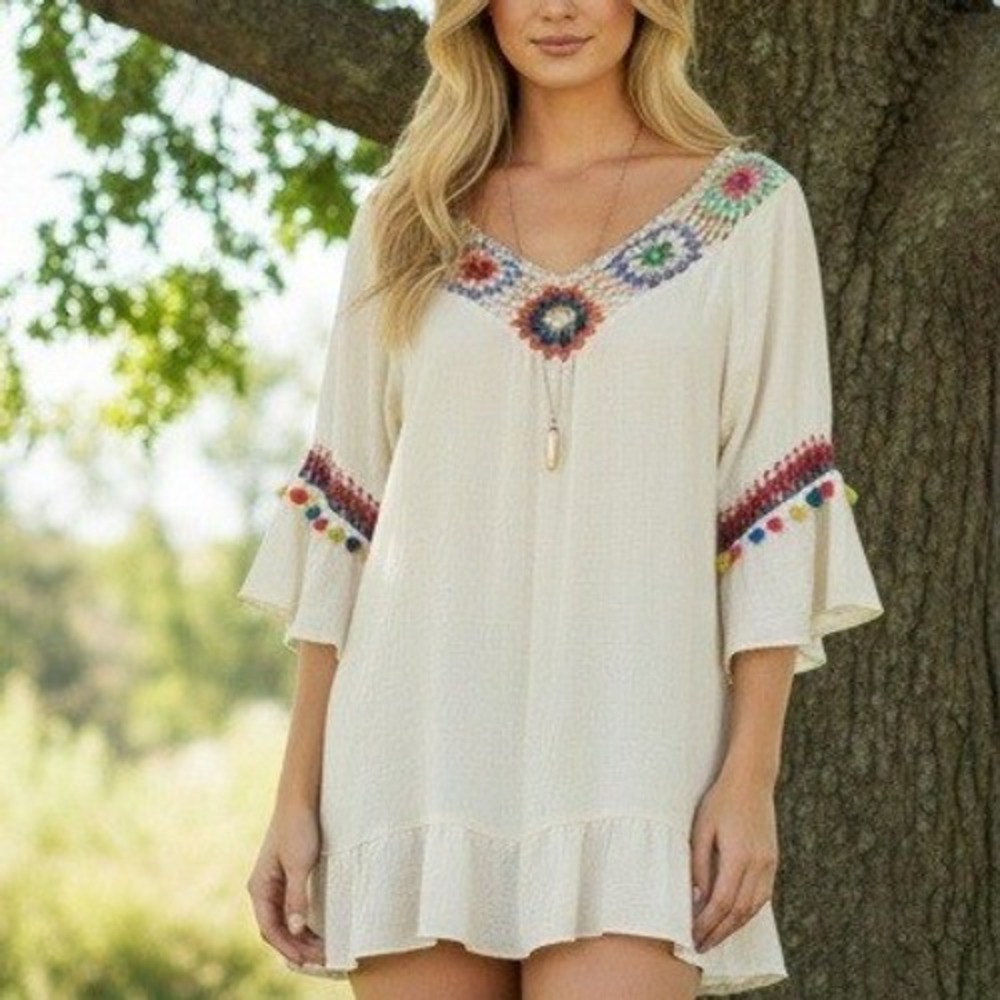 Boho Embroidered Tunic Cream Bell Sleeves Tassels Mini Dress Coastal Cowgirl ‎ M